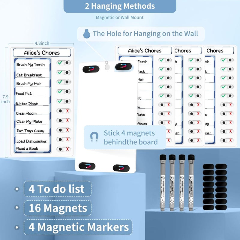 Jupyn 4-in-1 Chore Chart: Dry Erase My Chores Slider Chart, Magnetic Visual Schedule for Fridge, Kids Daily Checklist - ADHD Tools: To-Do List and Routine Chart (Blue 4-Pack) - Image 4